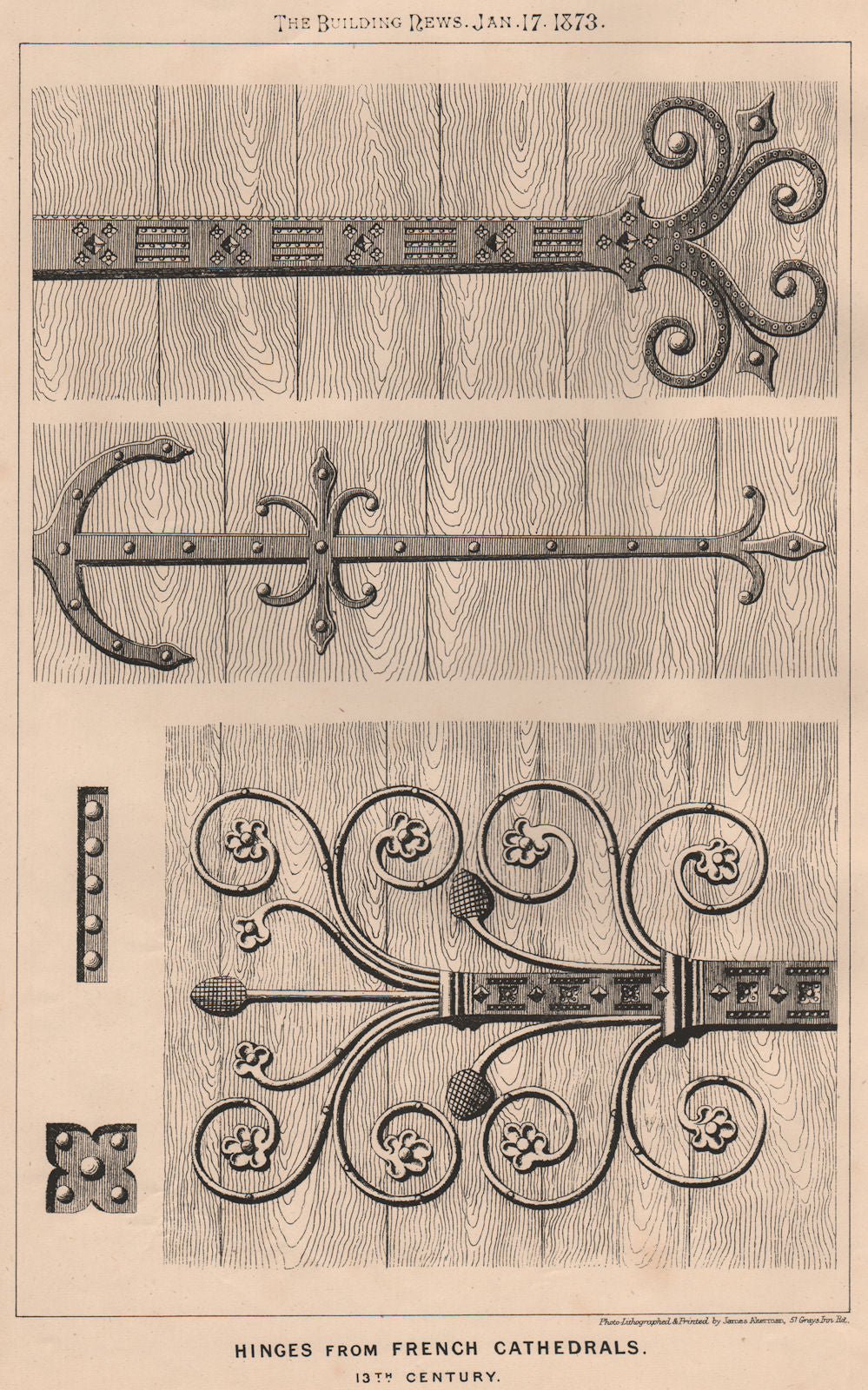 Hinges from French cathedrals; 13th Century. Buildings 1873 old antique print